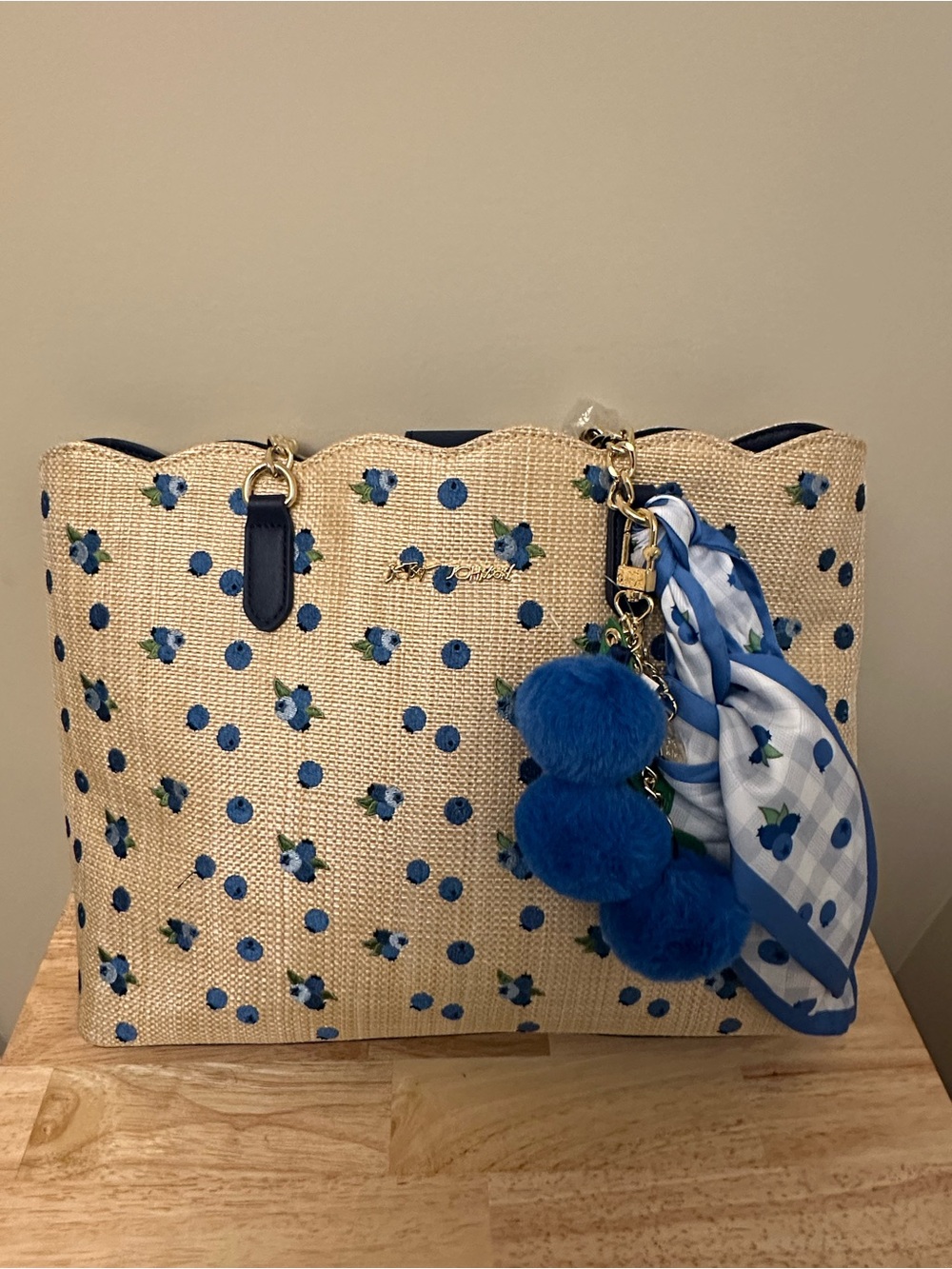 Betsey Johnson Tan Tote with Blue Floral Dots Design & Blue Pom Charm & Scarf - Picture 8 of 16